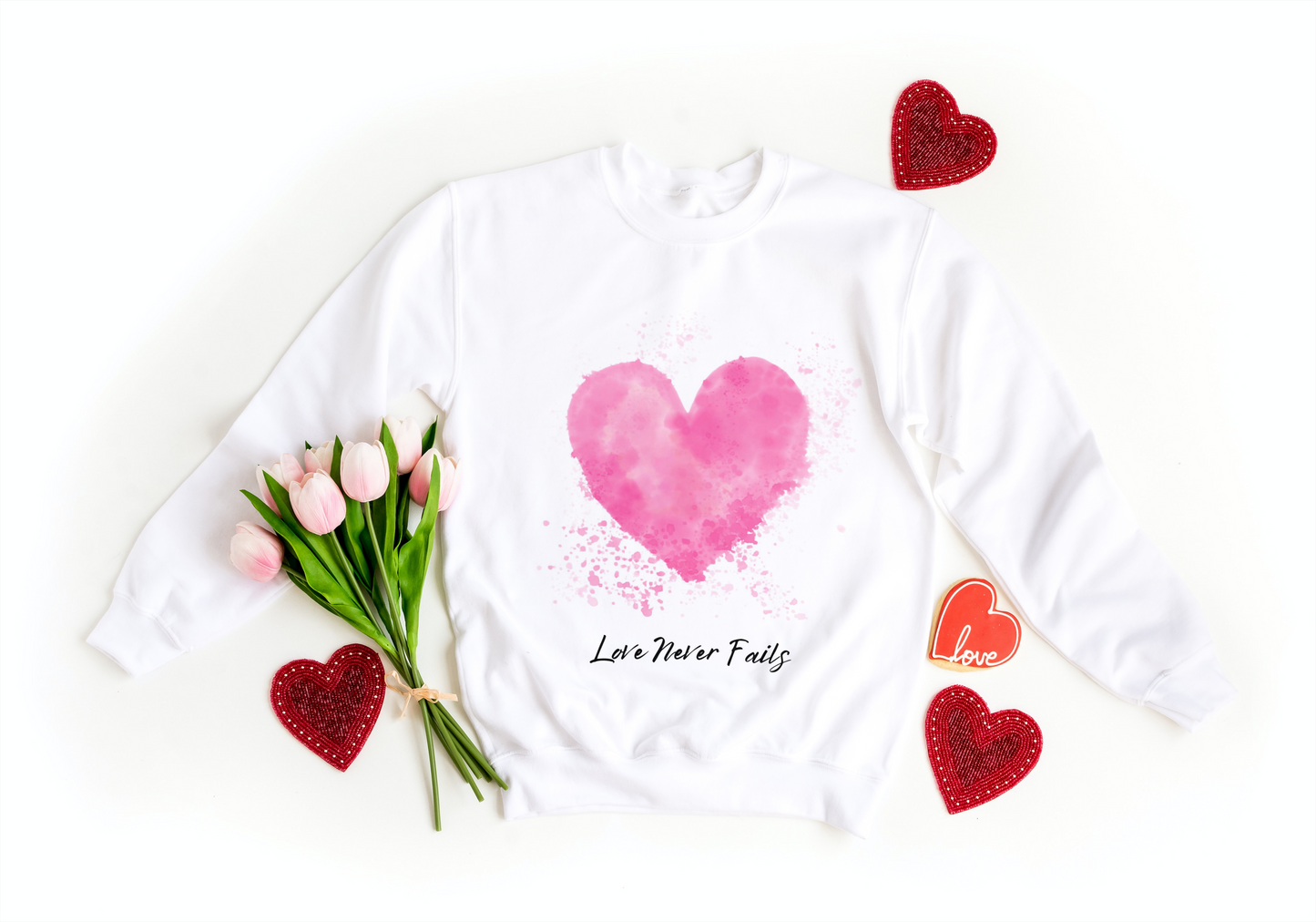 Love Never Fails Valentine's Day Crewneck Sweatshirt